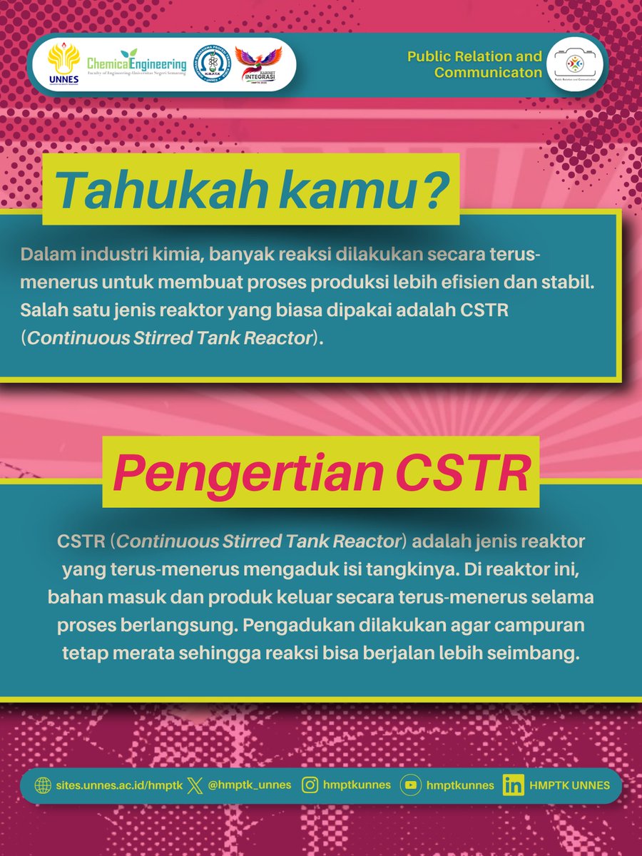 hmptk_unnes's tweet photo. Lalu, bagaimana cara kerja reaktor ini dan mengapa banyak digunakan di berbagai industri?  
Yuk, simak pada slide berikutnya! ✨

#ChemistJuni
#SalamYesWeCan
#TeknikKimiaUNNES
#KabinetIntegrasi
#HMPTK2026 https://t.co/9Z4CXyvzZF