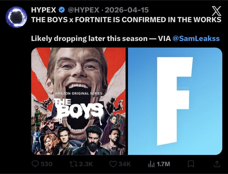 GosstyOfficial's tweet photo. So you’re telling me every big leaker lied about ‘THE BOYS’ coming to Fortnite? 😭 https://t.co/B8QX8DDh36