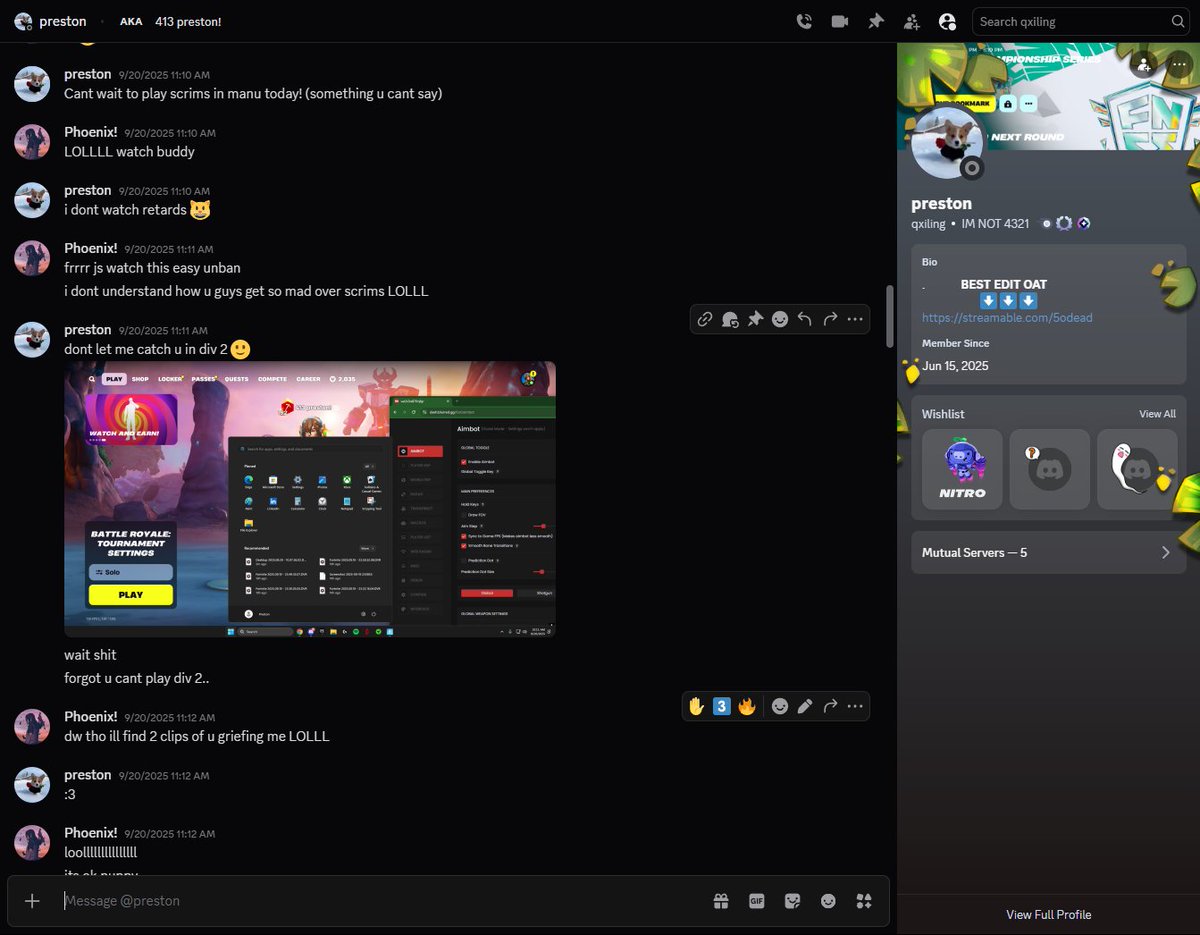 Phoenixkbm's tweet photo. @mississppifn ig ur tm8 has cheats. @qxiling1 why we cheating now to earn big brudda @KeyysFN_  @yeshuafn @DelayFN_ @moonfv7 https://t.co/Y2l7NIR8T6