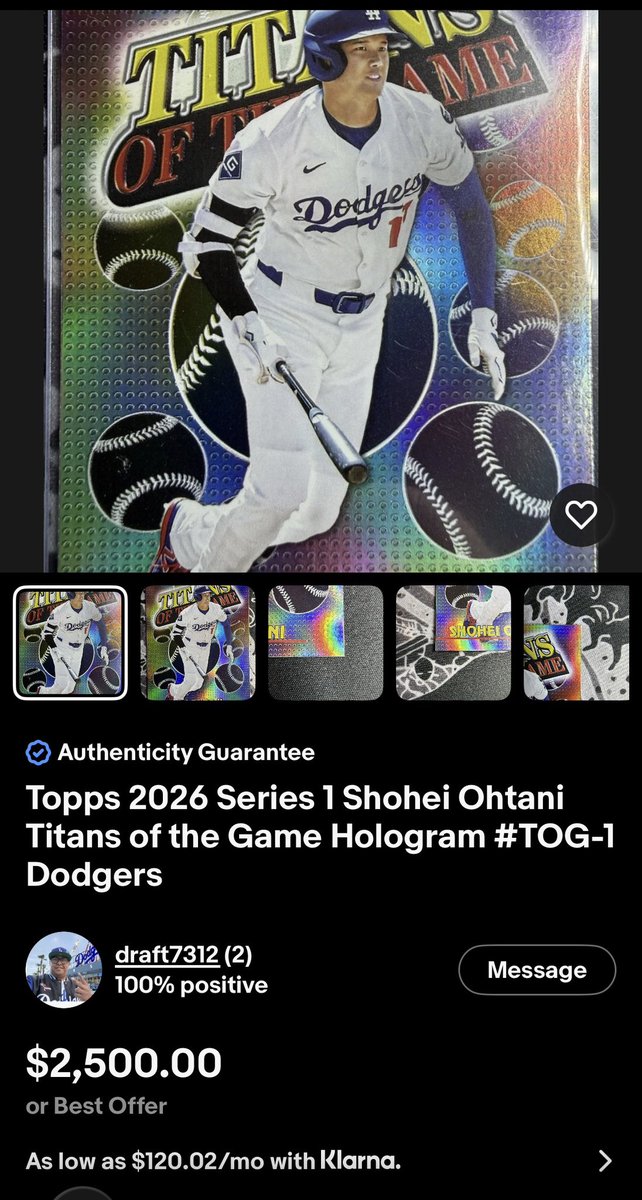 Teejerr's tweet photo. i’ve had this Shohei Titans of the Game card and didn’t really know the comps but just came across it on ebay for $2500 is this fr?? 😂😂 https://t.co/sDCbsKtDBP