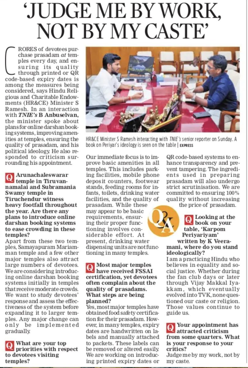 CranksCorner's tweet photo. The headline (in TNIE) will show what is wrong in TN today. That belonging to one caste (Brahmin) is some mistake, and the Minister has to specifically address that. (It was literally the ground of opposition to his appointment). That is how normalised this bigotry by the Ds. https://t.co/xeFlM5yfKb
