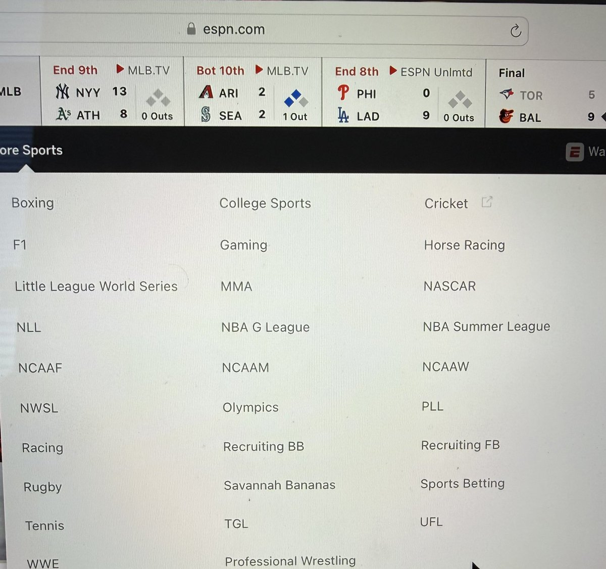 cajacs's tweet photo. “Sports” that get a link on ESPN’s home page over College Baseball

- WNBA 
- Little League World Series (a 2 week event that doesn’t happen for 2 more months) 
- NWSL 
- Gaming
- G League
- Savannah Bananas https://t.co/Gh3qpNsvwr