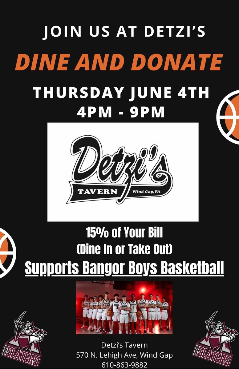 bbballboosters's tweet photo. Please join us for a Dine &amp; Donate fundraiser on Thursday, June 4th from 4:00 PM - 9:00 PM at Detzi's Tavern in Wind Gap. Whether you choose to dine in or order takeout, 15% of all sales during the event will be donated directly back to our basketball program.  See you there! https://t.co/mjBjGy25VA