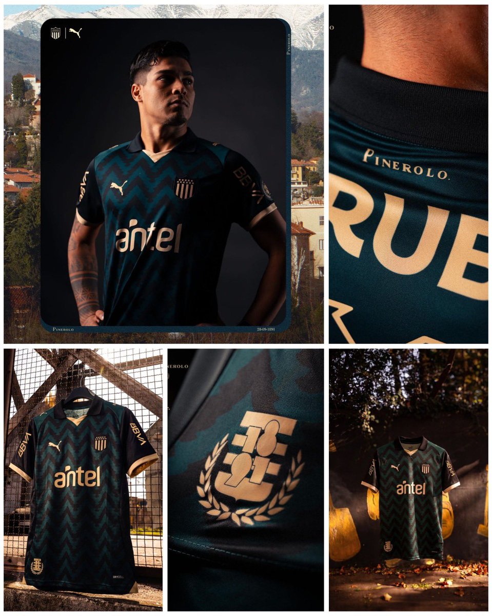 ale_fmk's tweet photo. Camiseta third 2026 @PUMA  de @OficialCAP 
homenaje a Pinerolo, ciudad Italiana que da  origen al barrio Peñarol, verde con motivos de pinos negros. Cuello negro con detalle y puños dorados, escudo y sponsors y felinos dorados. “Pinerolo” en la nuca y “1891” en el frente. https://t.co/8EkMZPAiSh