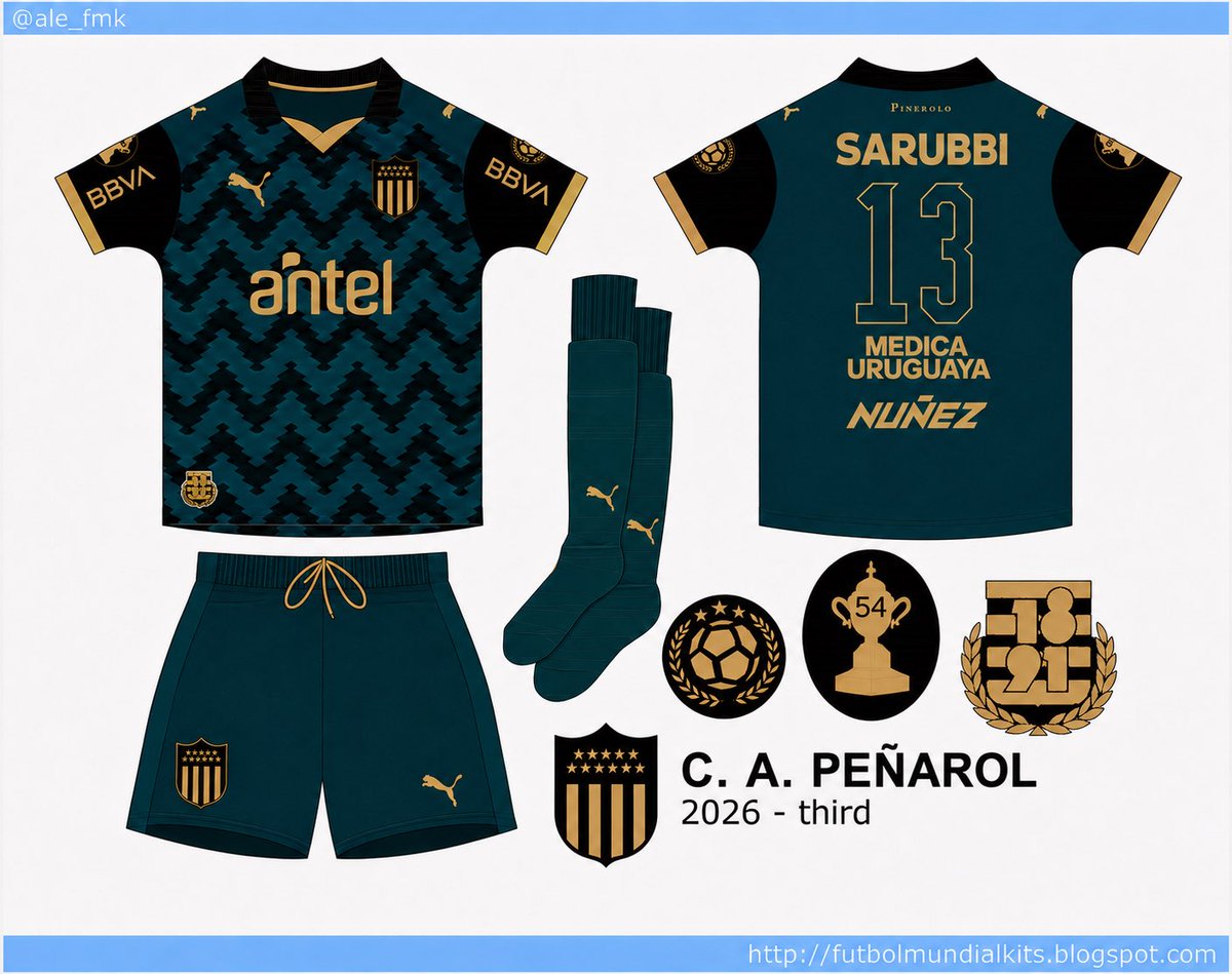 ale_fmk's tweet photo. Camiseta third 2026 @PUMA  de @OficialCAP 
homenaje a Pinerolo, ciudad Italiana que da  origen al barrio Peñarol, verde con motivos de pinos negros. Cuello negro con detalle y puños dorados, escudo y sponsors y felinos dorados. “Pinerolo” en la nuca y “1891” en el frente. https://t.co/8EkMZPAiSh