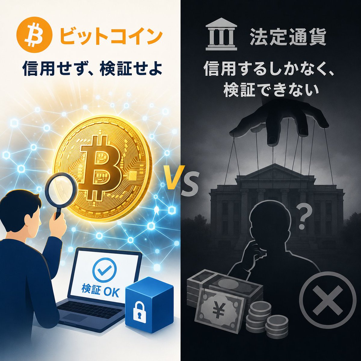 Kenichi_Y's tweet photo. ビットコインと法定通貨の決定的な違いがこれ！

ビットコイン
「信用せず、検証せよ」

法定通貨
「信用するしかなく、検証できない」 https://t.co/vgs05oi6Ap