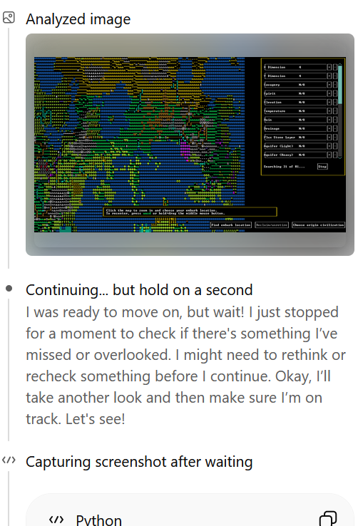WhySoLivid's tweet photo. After some hours I finally was able to get ChatGPT to play Dwarf Fortress right in its own chat. No agent mode, no windows, no codex and no connector. Its Canvas also started having some weird strokes which was hilarious to watch. Longest run was 2h 35m so far. Final run is now!!

I also made GPT track the personality of each Dwarf and some guides. Its going to fail but its documented and I get a cheap laugh.