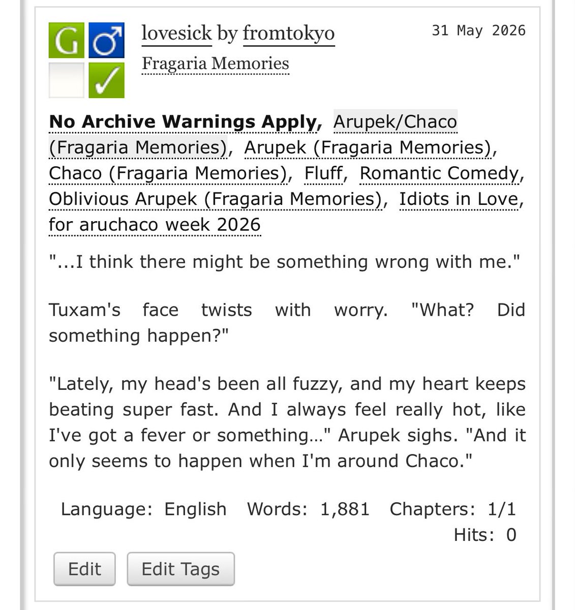 rockintotherise's tweet photo. lovesick

❤️‍🩹 aruchaco / 🐣🐶
❤️‍🩹 rated g ∙ 1.8k words ∙ fluff
❤️‍🩹 for #aruchacoweek2026 day 7: free day!

🖇️ https://t.co/3WRFMSGZkb https://t.co/3huYByXItC