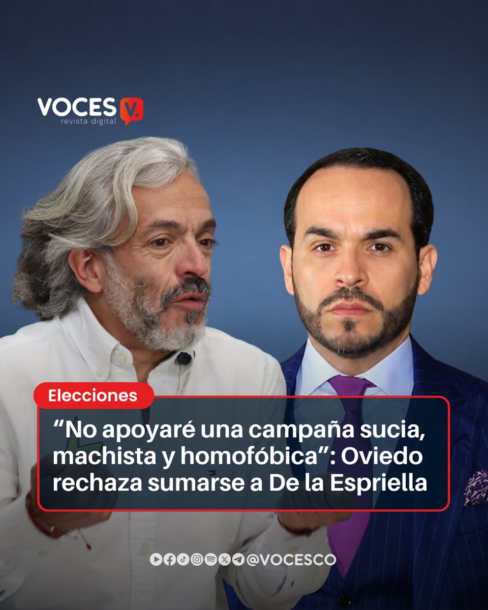 vocesco's tweet photo. #Voces | Juan Daniel Oviedo (@JDOviedoAr) lanzó fuertes críticas contra el candidato presidencial Abelardo de la Espriella (@ABDELAESPRIELLA) y descartó cualquier posibilidad de respaldar su campaña de cara a la segunda vuelta electoral. El exdirector del Dane calificó al abogado como un candidato “machista y homofóbico”, asegurando que no está dispuesto a apoyar un proyecto político basado en ataques personales y discursos de exclusión.

Las declaraciones se dieron luego de que varios sectores políticos comenzaran a definir alianzas tras los resultados de la primera vuelta presidencial. Mientras figuras como Paloma Valencia anunciaron su respaldo a De la Espriella, Oviedo tomó distancia y reiteró sus críticas por comentarios y actitudes que, según él, han promovido la homofobia y el machismo durante la campaña.

La postura de Oviedo ha generado un amplio debate en redes sociales, donde sus declaraciones se han viralizado en medio de la creciente polarización política que vive el país rumbo al balotaje del próximo 21 de junio.