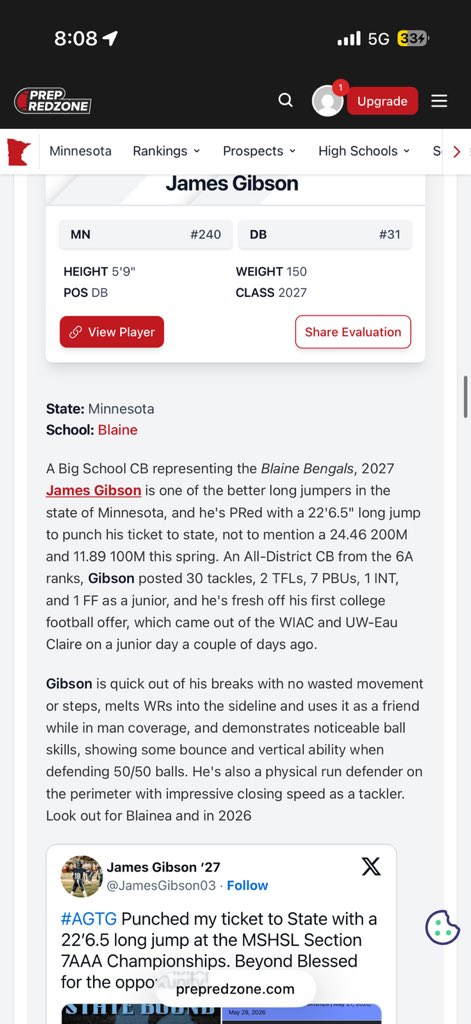 JamesGibson03's tweet photo. Thanks to @OJW_Scouting and @PrepRedzoneMN for the mention in newest article! Looking forward to this upcoming senior season.
@BlaineFootball @CoachBell_D https://t.co/7yiweANInt