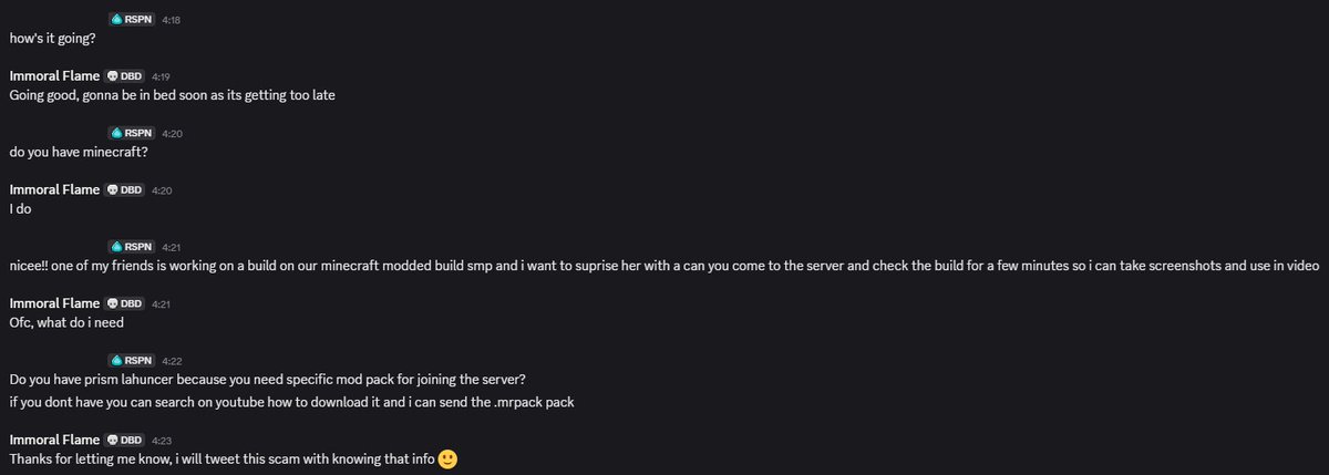 ImmoralFlam3's tweet photo. Just letting you guys know, some of my friends on discord got hacked, if you guys receive any similar messages regarding minecraft, it's a scam

#KickStreaming #KickStreamers #KickStreamer #KickCommunity #Discord #Community #Communities https://t.co/J9HTyNI1vC