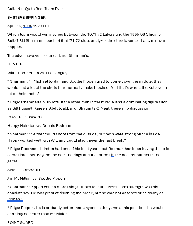 HoopsAnalyst's tweet photo. In April 96, Steve Springer of the LA Times assessed with Bill Sharman how the 95-96 Bulls would do v the 71-72 Lakers. Springer thinks the Lakers win because the Bulls had no answer for Wilt: https://t.co/mInGlskIad https://t.co/od8S2sEWrR