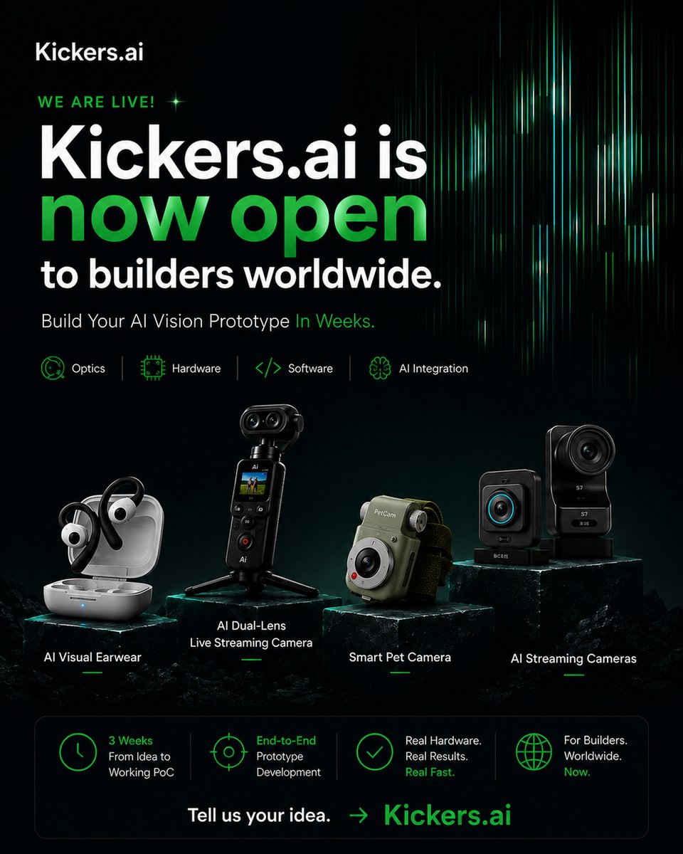 Kickersai's tweet photo. https://t.co/FV3QYX3Wmg is officially live! 🚀

From concept to working prototype in just 3 weeks.

👉 A real device. Built, tested, and ready.
Show us the idea. We'll show you what 3 weeks can do. 
🌐 https://t.co/NLCgjR0y7R

#AIHardware #AIVision #Kickersai #Unionimage https://t.co/G0vI3OC7yH
