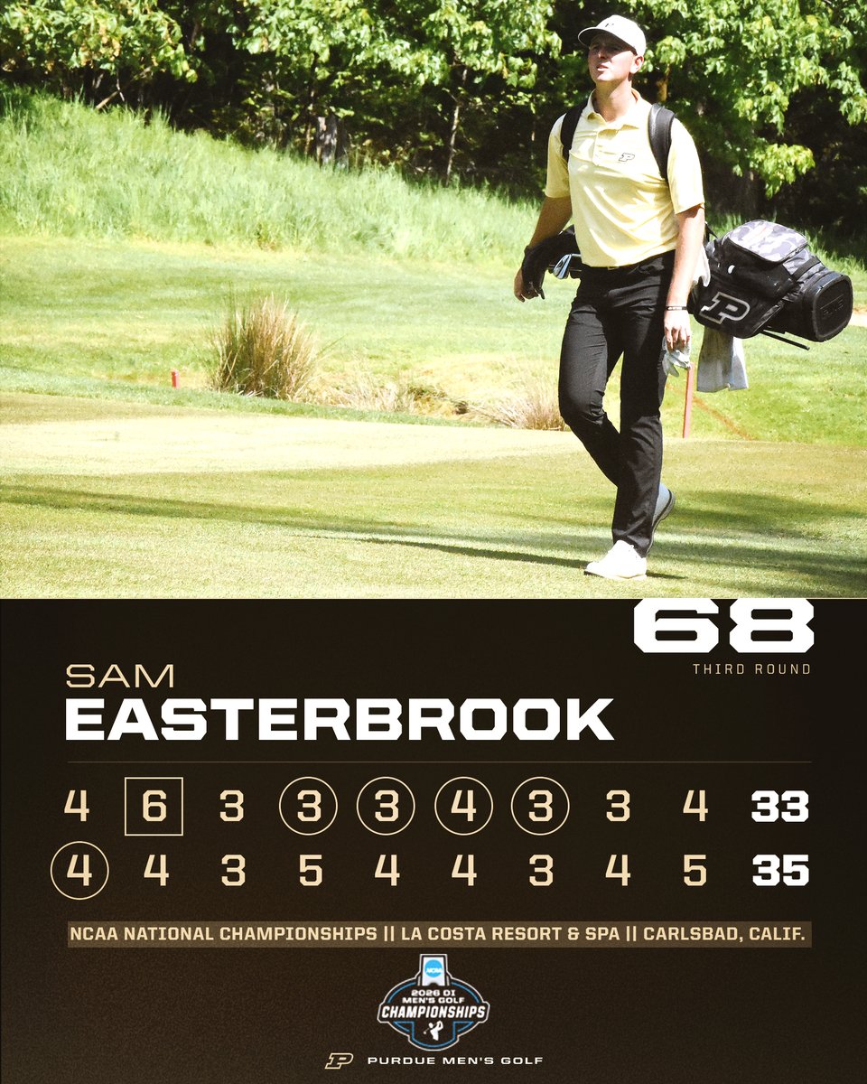 PurdueMensGolf's tweet photo. 🔥 WHAT A ROUND! 🔥

Sam Easterbrook LIKELY punches a ticket to tomorrow's final round with a brilliant 4-under par 68!

📈 4th-best round of the day.
🧨 Tied for 2nd-best round by a Boilermaker in NCAA Championships history. https://t.co/2AhyGaDjzy