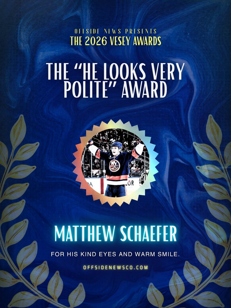 offsidenewsco's tweet photo. As if the Calder Trophy wasn't enough, Matthew Schaefer takes home the coveted "He Looks Very Polite" Award. #Isles https://t.co/E00C1dJBrb