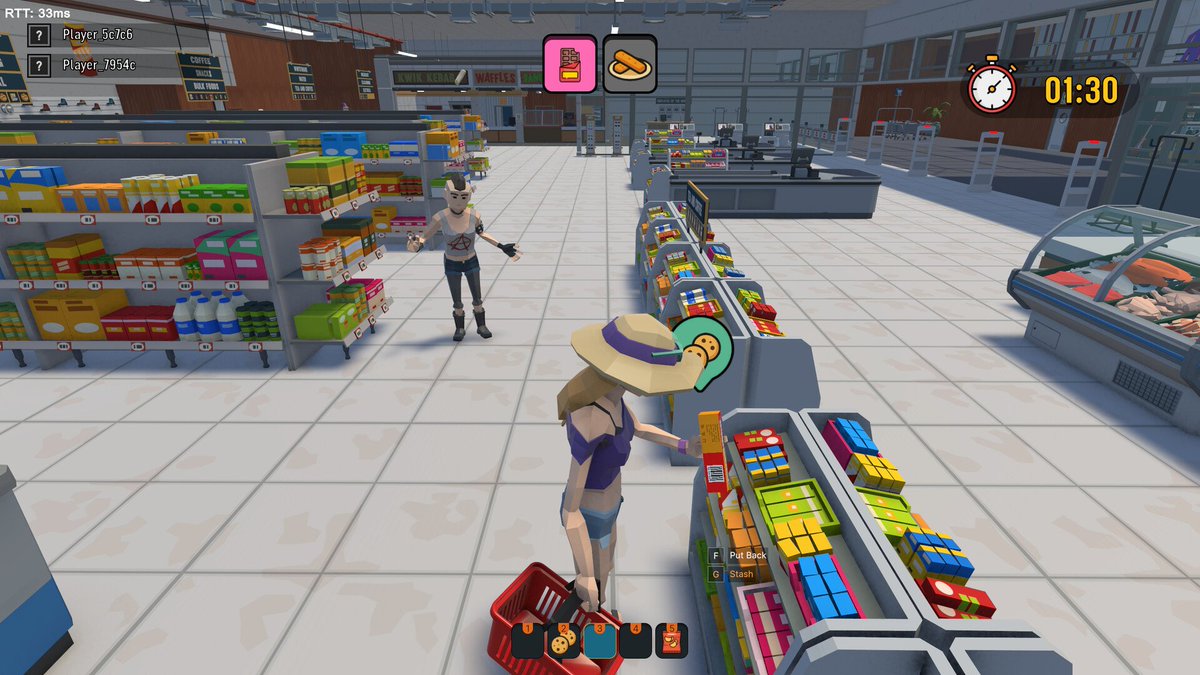 FourcastStudio's tweet photo. #ScreenshotSaturday

Loss Prevention is a social deduction game where you can shoplift your local grocery store with up to five friends. 

Experience the joy of petty crime as a shoplifter, or keep your eyes peeled for suspicious activity as the shopkeeper. Can you grab all the items on the shopping list?

https://t.co/VbVwCetqRb

#indiegame #indiedev