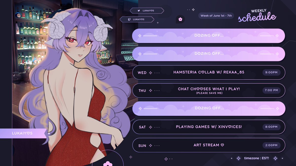 lukaiyos's tweet photo. 【⛅ Stream Schedule ✦ June 1st - 7th】

Surprise! Lots of streams from me this week to make up for not streaming last Saturday, so I hope to see you guys there! 💜 

(psst... announcement coming in on Thursday btw...) https://t.co/Q47vqe0Lsh