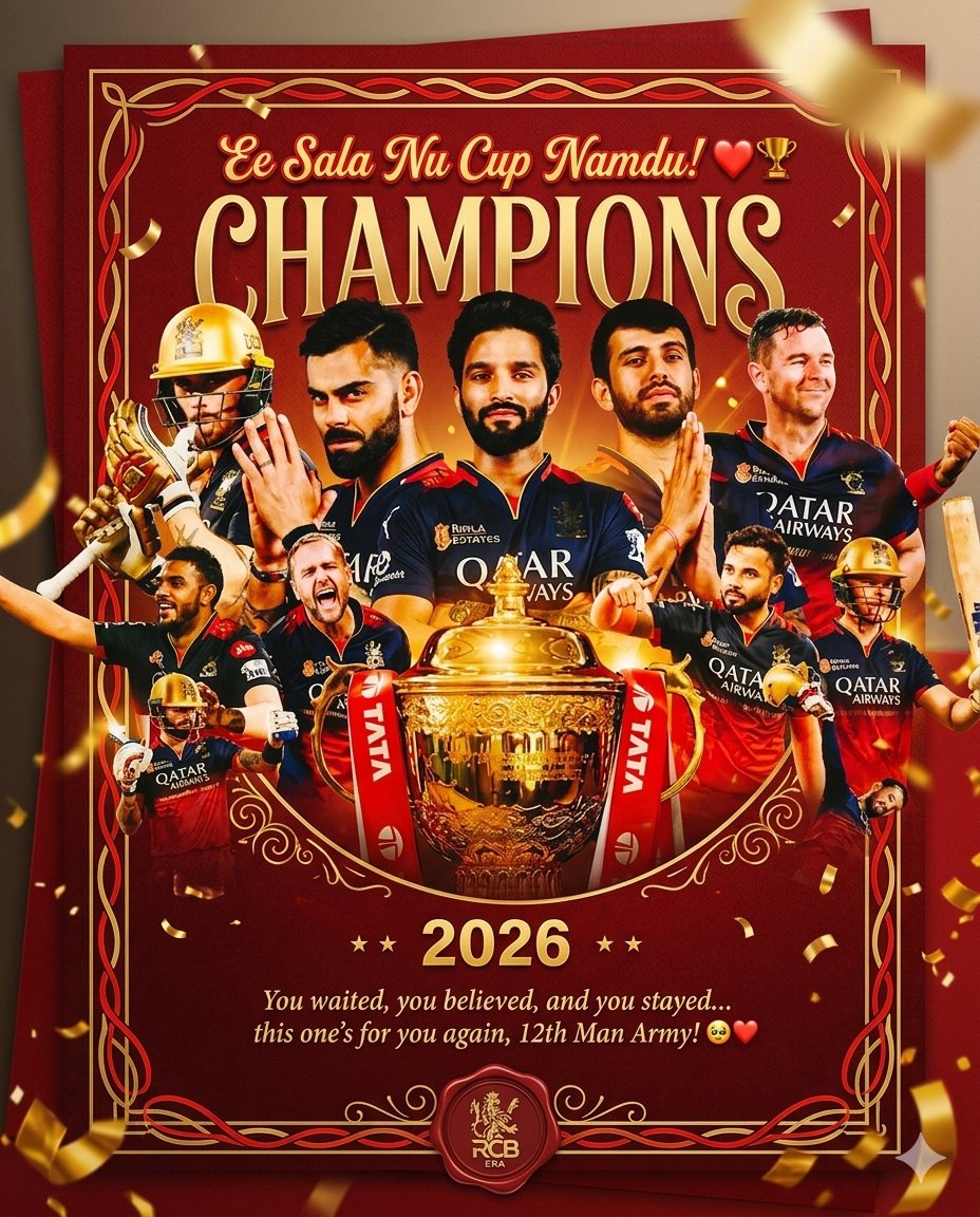 IShrenikMaharaj's tweet photo. Ee Sala Nu Cup Namdu! ❤️🔥🏆
Welcome to the RCB Era, ladies and gentlemen! 😎
You waited, you believed and you stayed… this one’s for you again, 12th Man Army! 🥹❤️ #CricketSeason
#rcb #IPLFinals2026 #ipltrophy https://t.co/uCXx6nhBXu