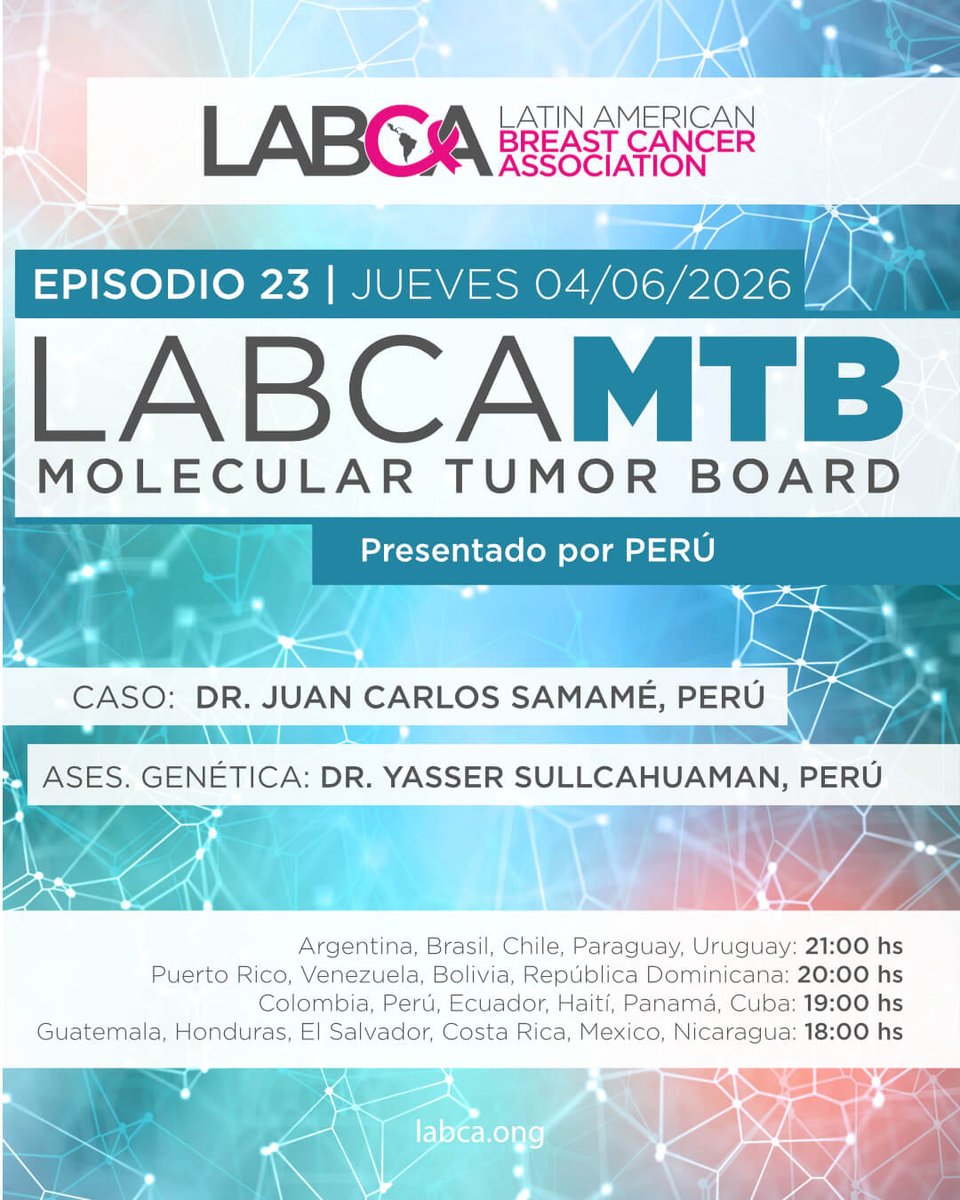 labca_ok's tweet photo. X

🧬 LABCA MTB Episodio 23

Nuevo caso clínico presentado por Perú en una edición del Molecular Tumor Board de LABCA.

📅 4 de junio
💻 Modalidad virtual
Más información:
https://t.co/nUKM9QTwil

#LABCA #MTB #CancerDeMama https://t.co/u8cJqkEN8J