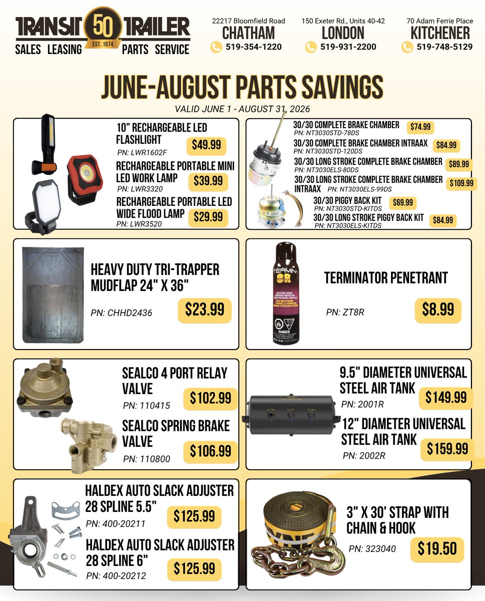 TransitTrailer's tweet photo. New Parts Savings are here! Save on everyday essentials and keep your trailers road-ready for less. Available while supplies last at our Chatham, London, and Kitchener locations. https://t.co/OyYB1SdJRu