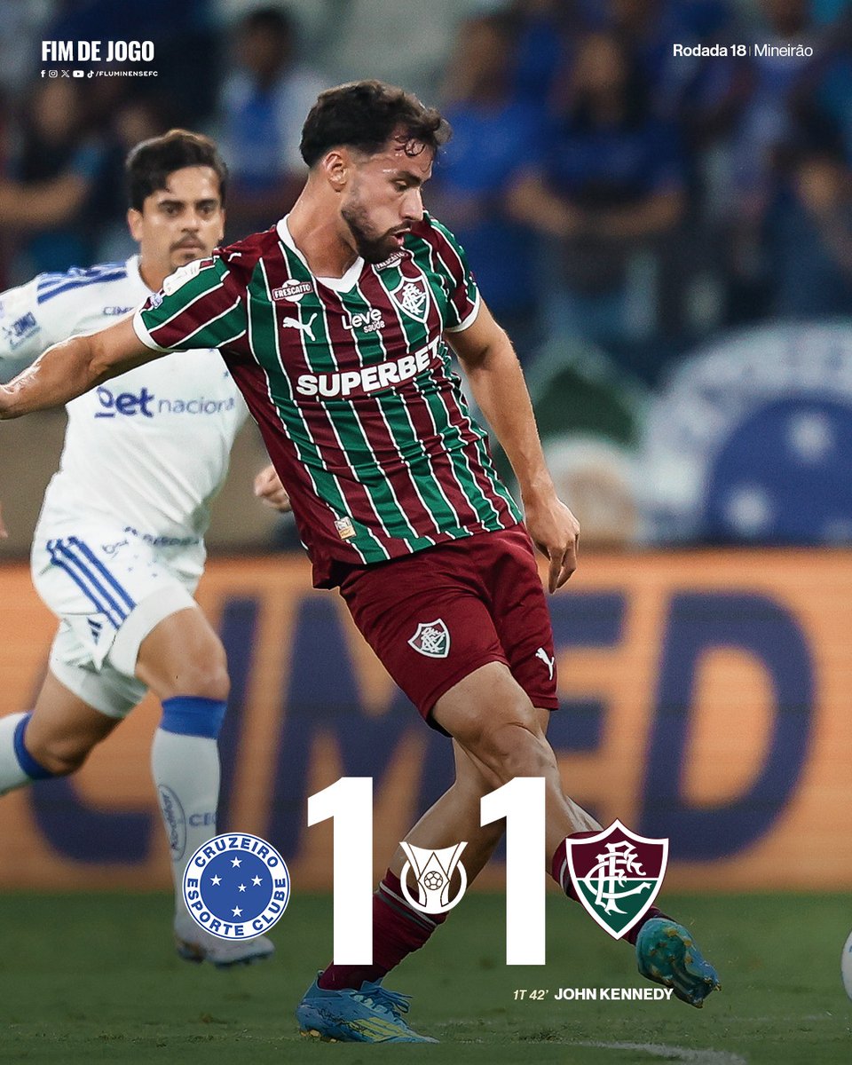 FluminenseFC's tweet photo. Fim de jogo. Cruzeiro 1x1 Fluminense. Com gol de John Kennedy, o #TimeDeGuerreiros empata com o Cruzeiro fora de casa.

O Tricolor encerra o semestre na terceira colocação do @Brasileirao. https://t.co/VDhOLc7sJn
