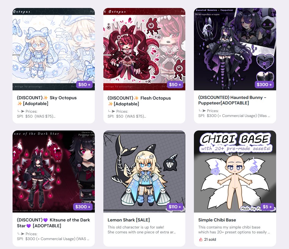 Pur_Orange's tweet photo. i am discounting both big adopts in my shop to $300 (from $425, you save $125) and the smaller ones to $50 (save $25), please consider picking them up! https://t.co/rxl1O4dx7n