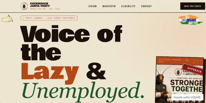 allindianscount's tweet photo. The Cockroach Janata Party’s value is not in what it will do but in what it has shown: a large portion of youth no longer believes the official story and no longer accepts the silence on unemployment. Please read this column on @allindianscount. https://t.co/oLTyS0PtJK https://t.co/9vTE1GzKr9