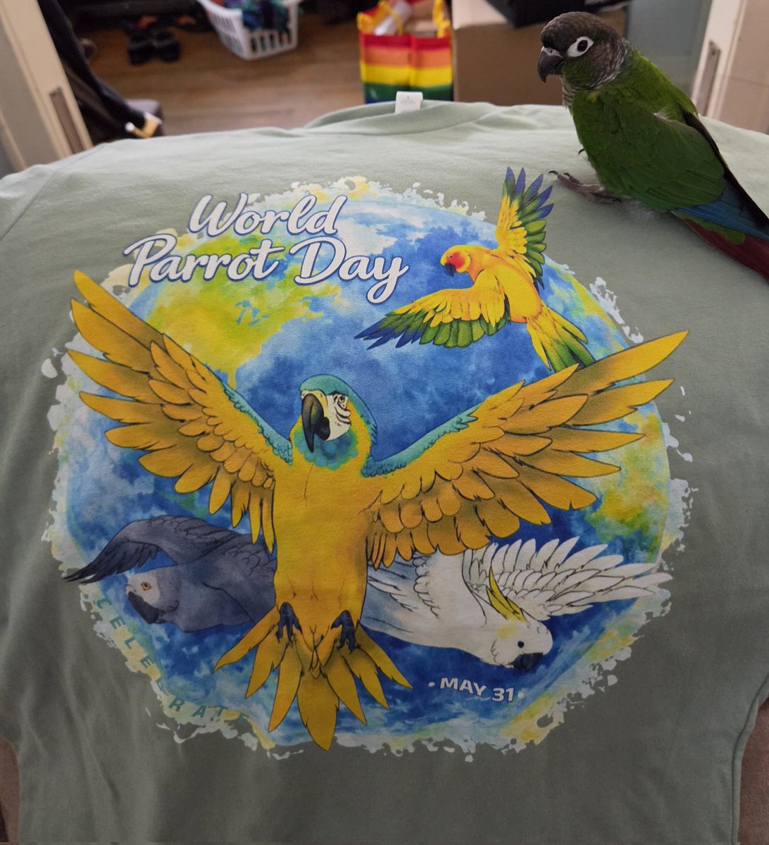 PepperNPals's tweet photo. Happy world parrot day! Here's Charlie with my shirt from World Parrot Trust. I just got it in the mail today so I didn't wear it yet lol https://t.co/lRJYJsI4hG