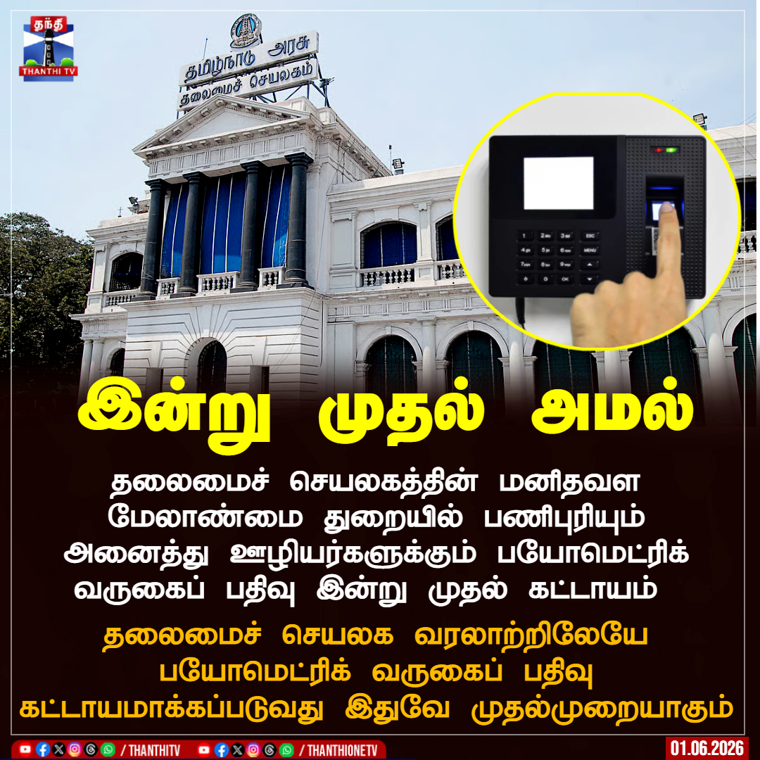 ThanthiTV's tweet photo. தலைமைச் செயலகத்தின் மனிதவள மேலாண்மை துறையில் பணிபுரியும் அனைத்து ஊழியர்களுக்கும் பயோமெட்ரிக் வருகைப் பதிவு இன்று முதல் கட்டாயம்
தலைமைச் செயலக வரலாற்றிலேயே பயோமெட்ரிக் வருகைப் பதிவு கட்டாயமாக்கப்படுவது இதுவே முதல்முறையாகும்
#StGeorgeFort #tngovtemployees #Biometrics https://t.co/BL6KJt1tsO