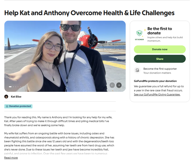 KatEliseVT's tweet photo. After a lot of consideration and the impending doom and despair that is growing in my head, my husband I have opened a GoFundMe to help me with my medical &amp; recovery bills.

Any likes, retweets, reposts, or comments are appreciated and I'm sorry to ask this of you, link below ❤️ https://t.co/mnmIpzwpXE