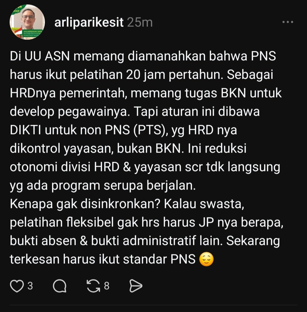 arli_ap's tweet photo. Terkait kewajiban dosen tersertifikasi ikut 20 jam pelatihan #HRD 😌🙃😌 https://t.co/tCIUNJVJCl