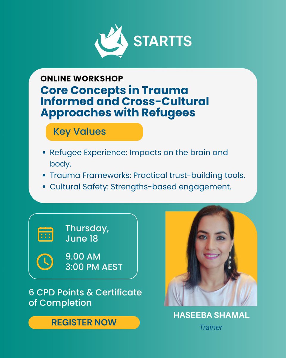 STARTTSNSW's tweet photo. How do we foster healing in a diverse setting? Join our Core Concepts workshop on 18 June. Specialist-led trauma-informed training.

✅ 6 CPD Points 
✅Online session 

Book now: https://t.co/tFwSnmUs43 https://t.co/KvcswUHmlS