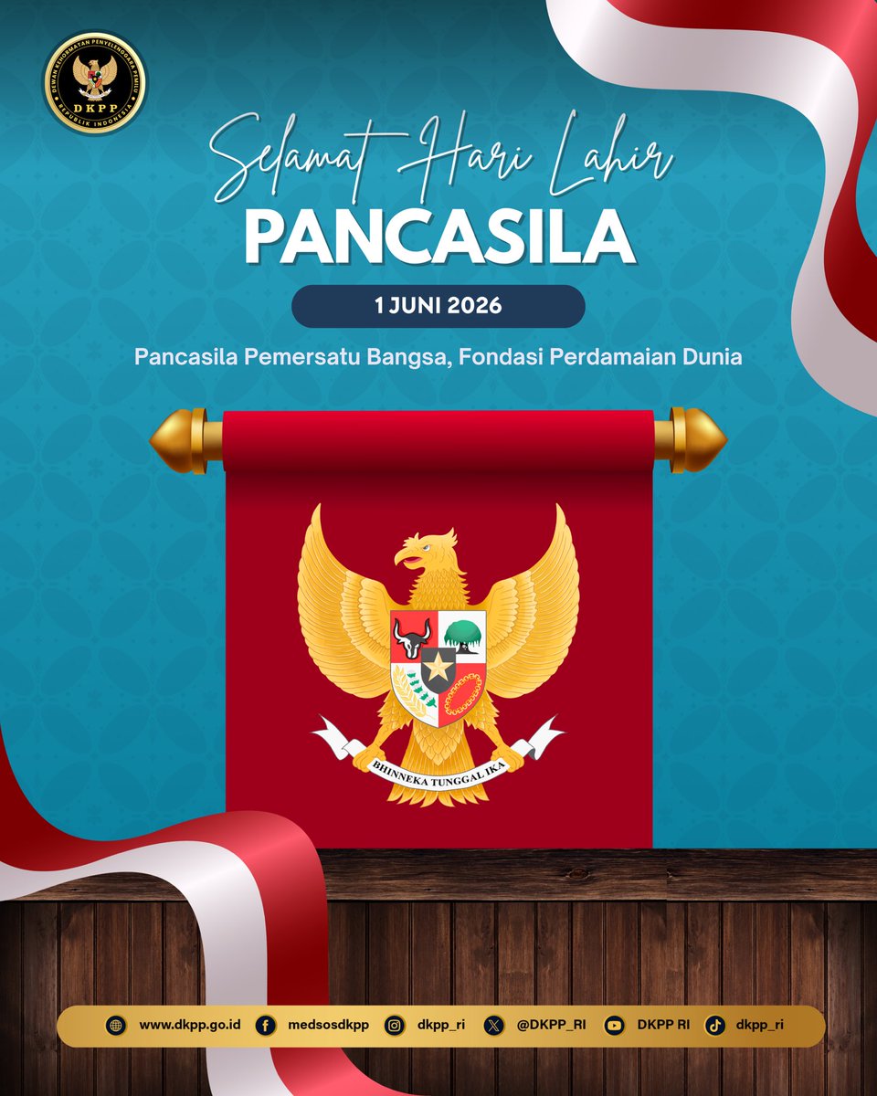 DKPP_RI's tweet photo. Halo, #SobatEtika

🇮🇩 Selamat Hari Lahir Pancasila 1 Juni 2026

Pancasila bukan sekadar dasar negara, tetapi juga pedoman dalam menjaga persatuan, memperkuat toleransi, dan merawat kebhinekaan Indonesia.

Mari jadikan nilai-nilai Pancasila sebagai pedoman dalam menjaga persatuan, integritas, dan semangat kebangsaan.

#DKPPRI
#KenaliDKPP