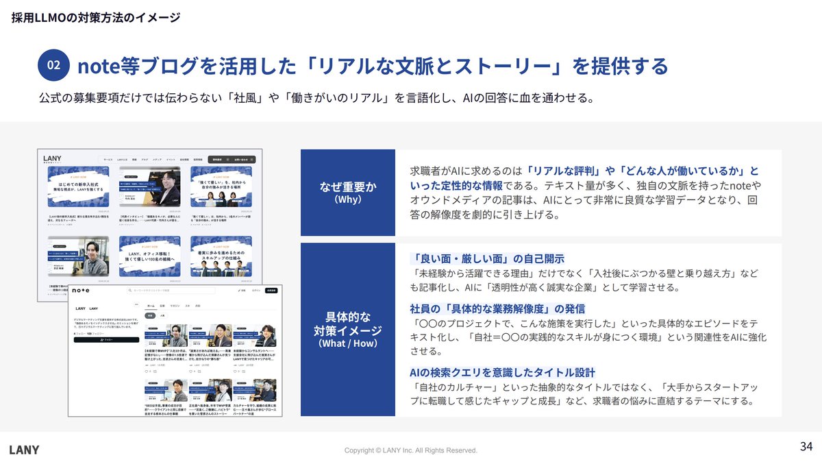 take_404's tweet photo. ■ 採用マーケティングのLLMOガイドブック

新卒・中途ともに、AIに相談をしながら企業選定をする人が急速に増えてます。

採用マーケティングとしてAI検索にどう向き合うべきかを資料にしました。

LANY自身が実際にテストして成果があった対策の具体例も含めてます！

↓お気軽にダウンロードを！