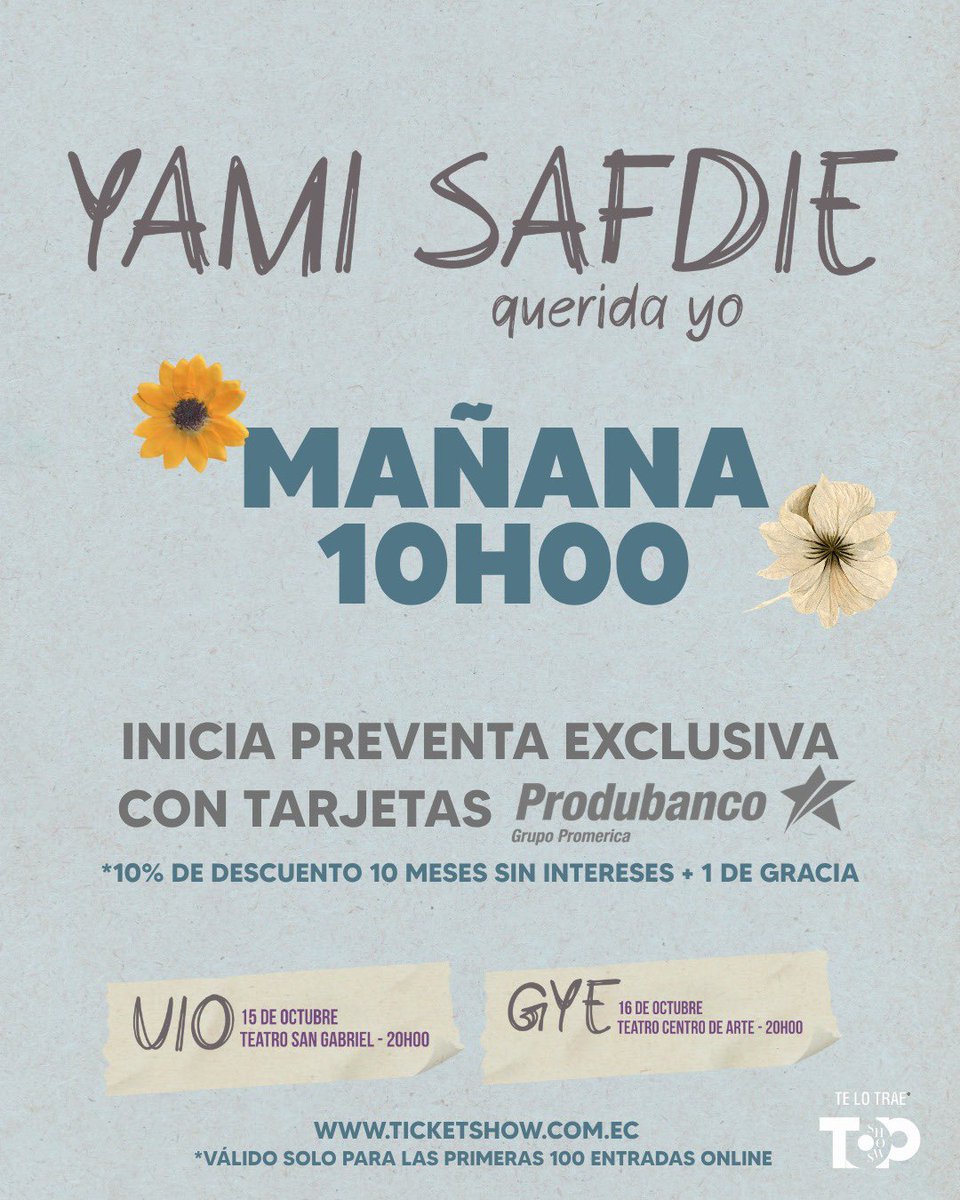 TOPSHOWSECUADOR's tweet photo. 📣 #Atencion | Desde mañana a las 10H00 arranca la preventa exclusiva Produbanco con descuento para Yami Safdie en Ecuador. 🇪🇨
 Por primera vez, la cantautora argentina revelación llega con su esperada gira “Querida Yo Tour” 🦋

Un concierto lleno de canciones que abrazan el alma, letras con las que todos nos identificamos y muchas emociones para sentir 💫 

Prepárate para vivir una noche que tocará tu corazón ❤️ 

Quito 15 de octubre Teatro San Gabriel. 
Guayaquil 16 de octubre Teatro Centro de Arte. 

💳 Preventa exclusiva con tarjetas de crédito y débito Produbanco desde este lunes 1 de junio 10h00 en https://t.co/OlPBTA58Wg 
10% de descuento y 10 meses sin intereses hasta el 3 de junio o hasta agotar stock. 
(Descuento válido solo para las primeras 100 entradas vendidas en línea por ciudad) 

YAMI SAFDIE
“Querida Yo Tour” 
Te lo trae Top Shows