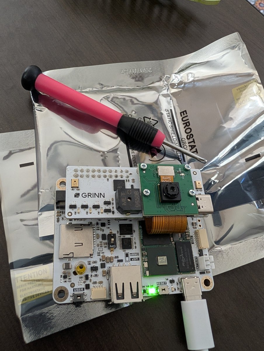 prafull's tweet photo. It works!! I was able to set up the hardware - the board, the HAT, and the camera module. Cloned the examples repository and ran the demos. Need to figure out the video capture, and maybe even order a display for more complicated demos.

Reminded me of the days when we used to get cool stuff like androidthings, voice assistant, vision assistant kit at I/O