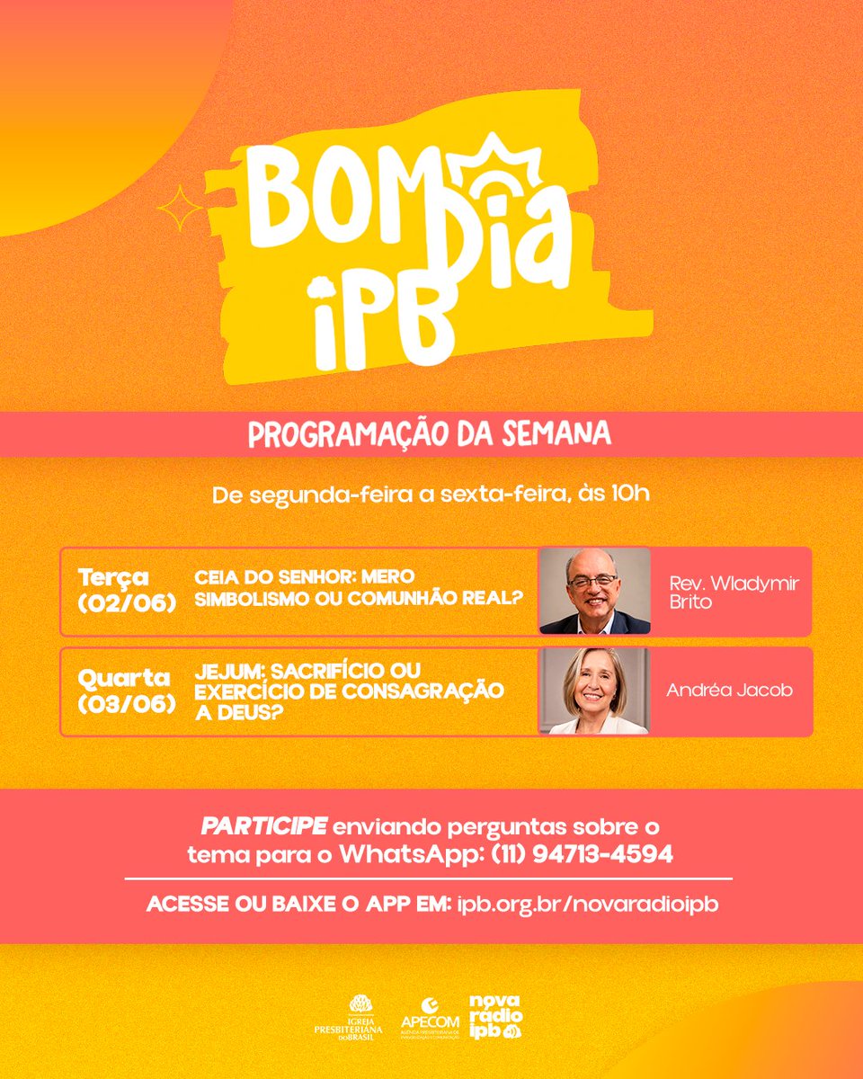 ipboficial's tweet photo. Nesta terça e quarta o Bom Dia IPB traz uma programação que traz conversas que nos encorajam a viver uma fé mais profunda e prática diariamente. 🙏

Participe ao vivo enviando sua pergunta pelo WhatsApp:
📱 (11) 94713-4594

🎧 Ouça pelo site ou app:
https://t.co/UYNvXgXKB8 https://t.co/GQfKlGoaUU