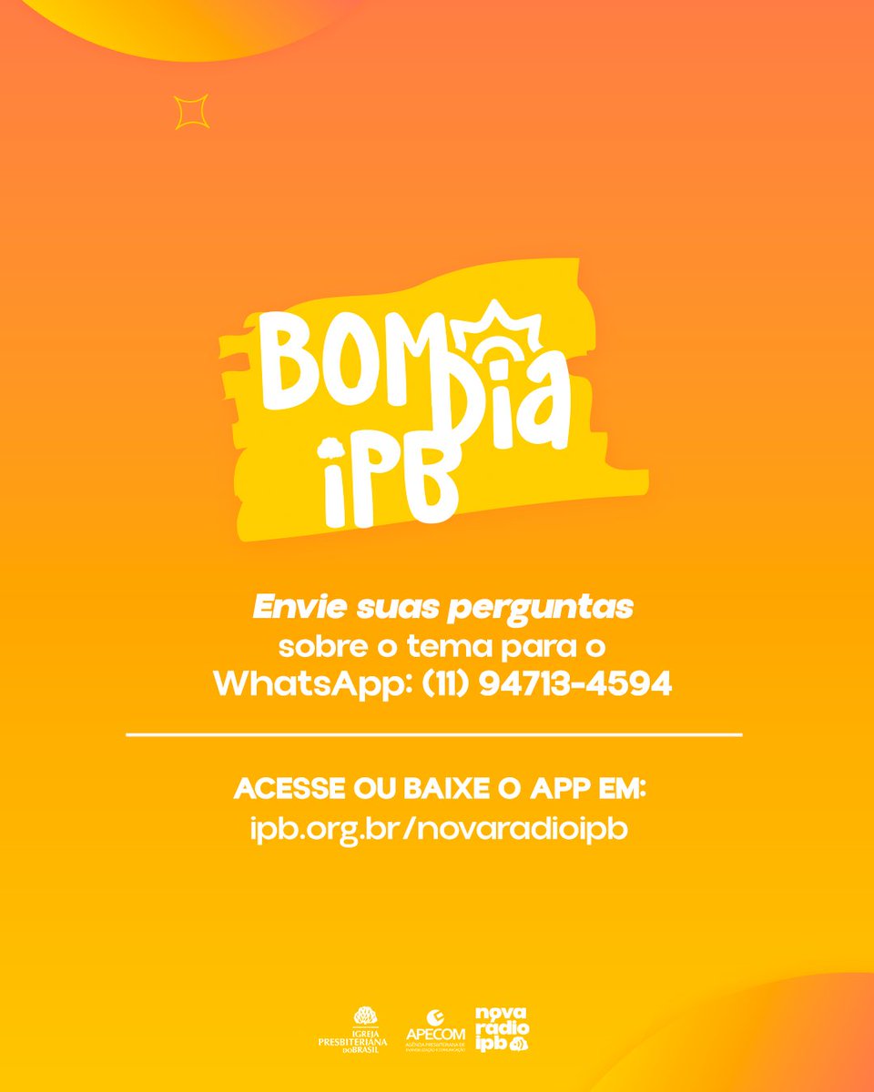 ipboficial's tweet photo. Nesta terça e quarta o Bom Dia IPB traz uma programação que traz conversas que nos encorajam a viver uma fé mais profunda e prática diariamente. 🙏

Participe ao vivo enviando sua pergunta pelo WhatsApp:
📱 (11) 94713-4594

🎧 Ouça pelo site ou app:
https://t.co/UYNvXgXKB8 https://t.co/GQfKlGoaUU