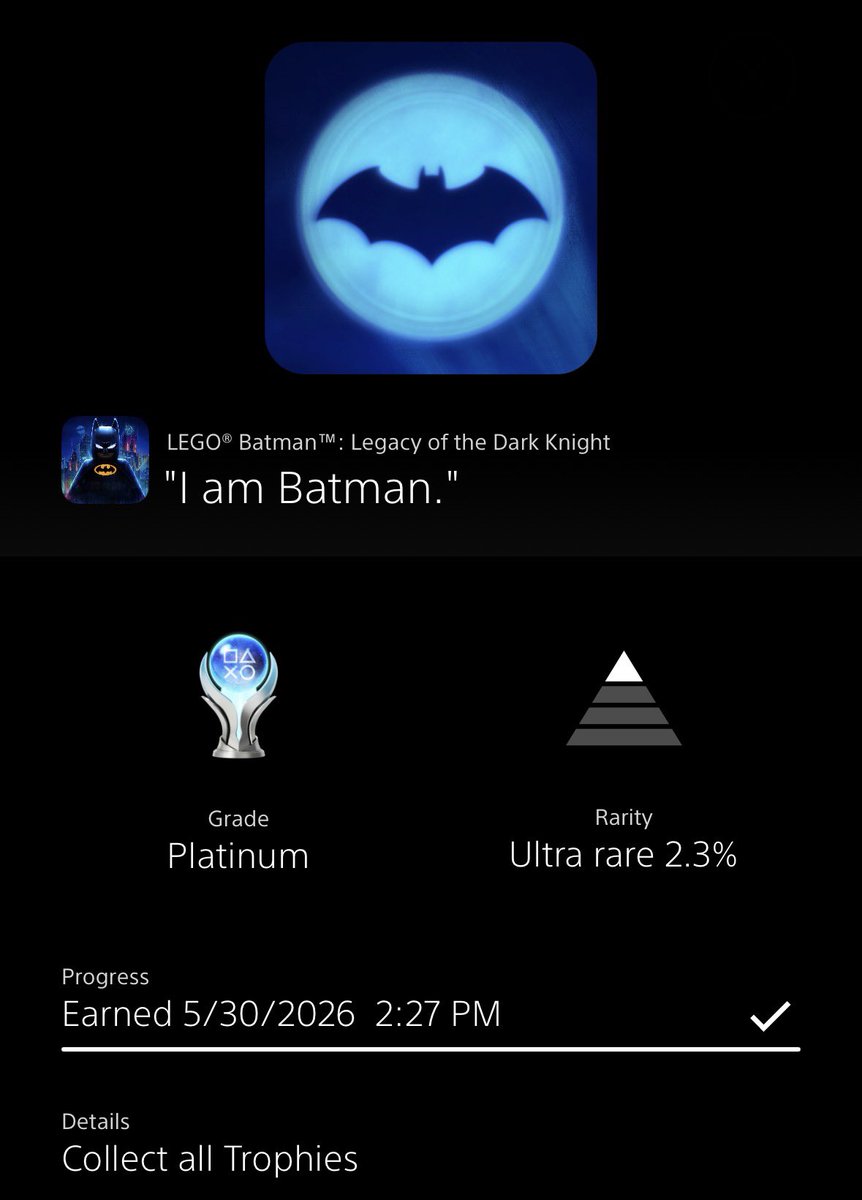 TrophyChief's tweet photo. Platinum - LEGO Batman: Legacy of the Dark Knight 🏆

Had a blast playing this game. Love the chapters, collectibles, challenges, and combat. Looking forward to the DLC. https://t.co/SjDs6H98aj