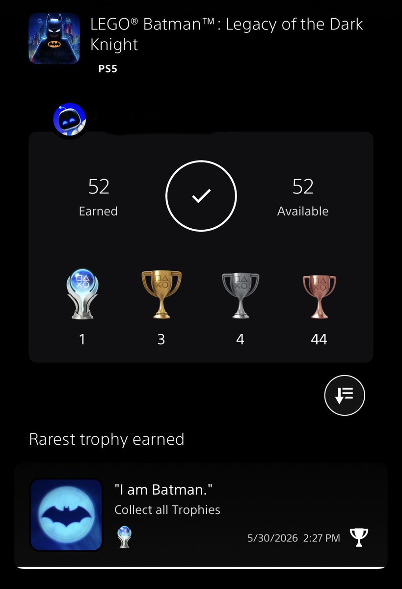 TrophyChief's tweet photo. Platinum - LEGO Batman: Legacy of the Dark Knight 🏆

Had a blast playing this game. Love the chapters, collectibles, challenges, and combat. Looking forward to the DLC. https://t.co/SjDs6H98aj