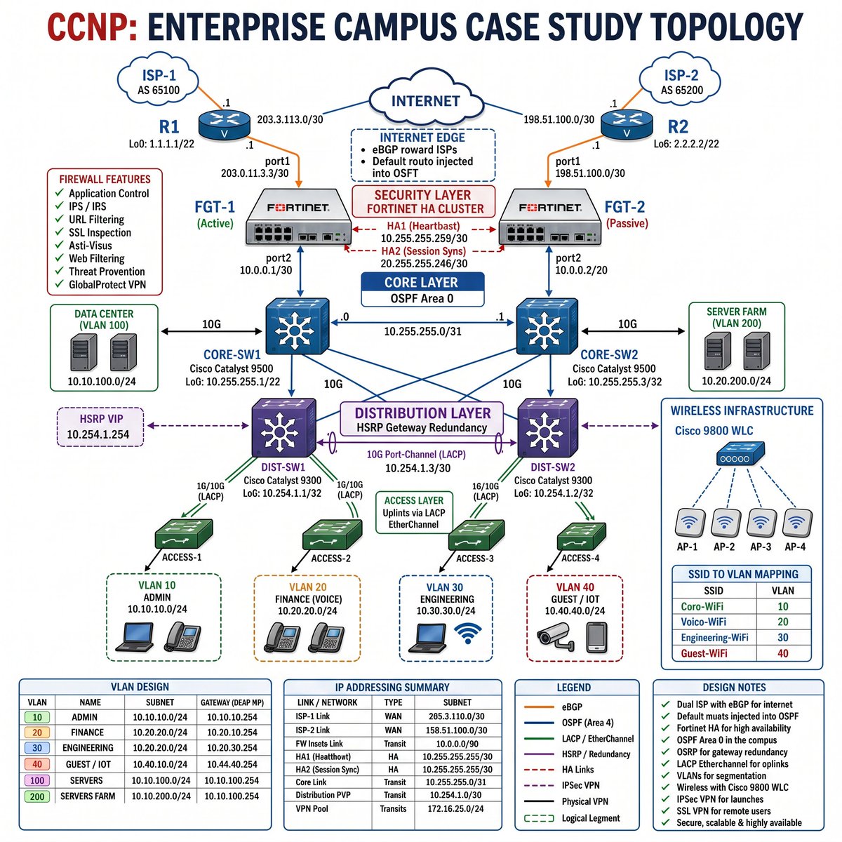 RileyOnWiFi's tweet photo. 🏢 Enterprise Campus Network: Fortinet & Cisco
A well-designed enterprise network = Security + Scalability + Redundancy
Key technologies: 🔒 Firewall HA | 🔄 HSRP | 📡 Dual ISP eBGP 🔗 LACP EtherChannel | 🗂️ VLAN Segmentation 🛡️ IPsec & SSL VPN | 📶 Wireless Integration
Perfect prep for #CCNA #CCNP or #FortinetNSE 🚀
💬 Which is MOST critical in your network? A) Firewall HA B) HSRP C) VLAN D) OSPF E) VPN
👇 Drop your answer below!
#Networking #CiscoNetworking #EnterpriseNetwork #NetworkEngineer