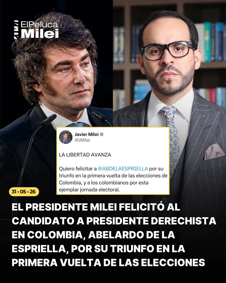 ElPelucaMilei's tweet photo. Felicitaciones al pueblo colombiano 🇨🇴

Latinoamérica va sanando. Fuerzas a Abdela en la segunda vuelta💪🏻 https://t.co/81HFd9D779
