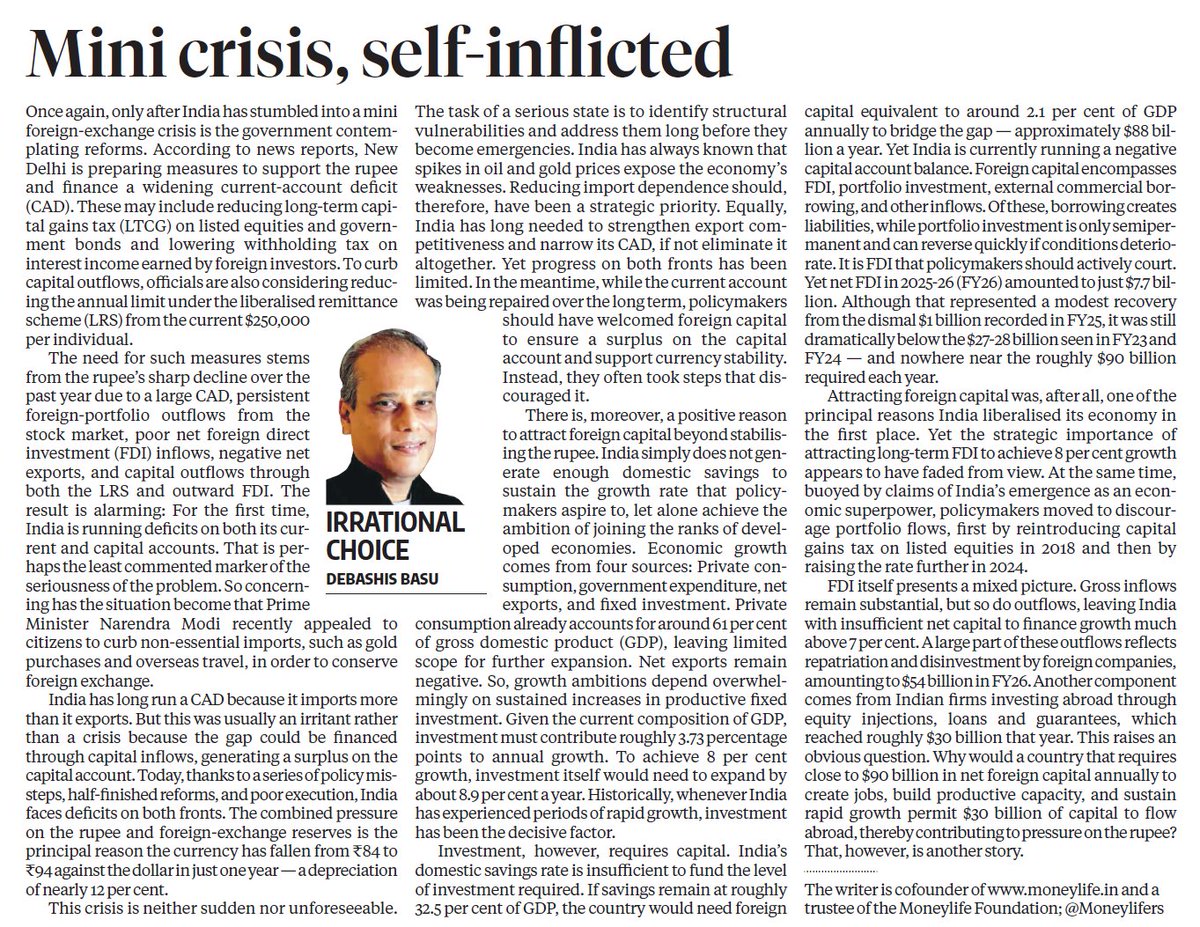 DivaJain2's tweet photo. Rare good piece by Debashis Basu. External sector is Indian economy's structural vulnerability. On way to fix it is sticky FDI and exports. Otherwise we will lurch from one crisis to another. https://t.co/aXzSf5xy0x