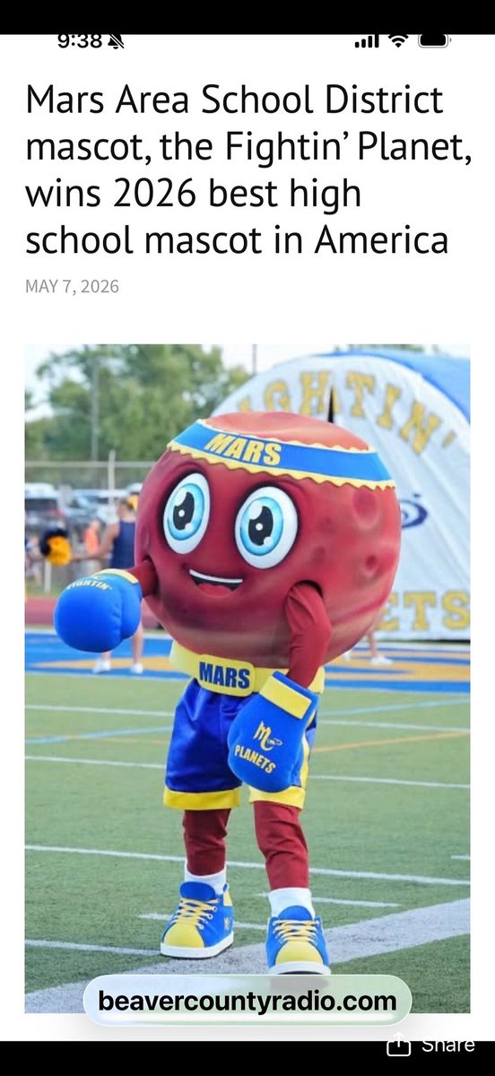 tmtrp1's tweet photo. @NBCSports - here is the mascot for Mars Area HS. My daughters’ lacrosse team has a state playoff game there Tuesday. Go @SuskyWarriors https://t.co/z3Yc8OhcGL