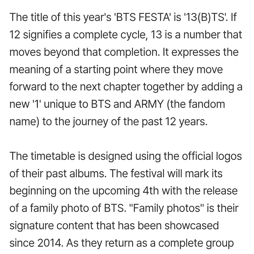 borahae_4_life's tweet photo. "The title of this years BTS FESTA is 13(B)TS. If 12 signifies a complete cycle 13 is a number that moves beyond that completion...a starting point where they move forward to the next chapter together by adding a new '1' unique to BTS and ARMY to the journey of the past 12 years" https://t.co/lBtYj5ozRT