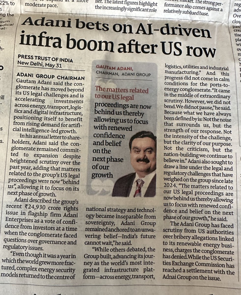 iamrakeshbansal's tweet photo. Adani Group bets big on AI-driven infrastructure boom!
After resolving US legal issues, Gautam Adani says the group is now fully focused on next phase of growth in energy, transport, logistics & digital infra.
Strong confidence in India’s future and AI-led expansion.
https://t.co/yyVlVGZPDl