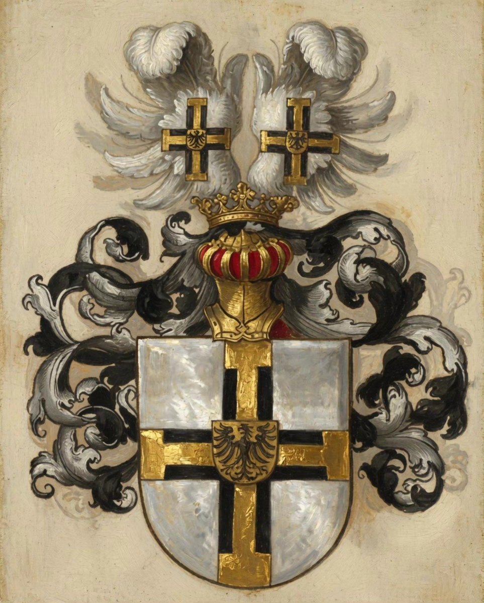 TeutonicOrden's tweet photo. Arms of the Grand Master of the Teutonic Order: Argent, on a cross sable a cross potent fleurettée or over all an inescutcheon of the Holy Roman Emperor (single-headed eagle version). https://t.co/1CEIyYoFL1 https://t.co/TjN9Suou7l