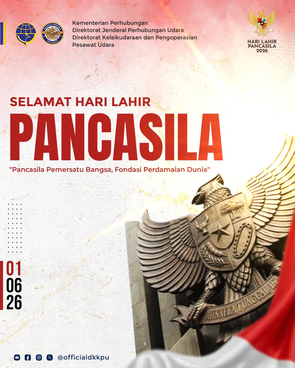 officialdkppu's tweet photo. Selamat Hari Lahir Pancasila, 1 Juni 2026. 🇮🇩✈️

​Satu ideologi, satu bangsa, satu langit Indonesia. Selamat memperingati Hari Lahir Pancasila!

#haripancasila #konektivitasudara #selamatamannyaman https://t.co/gvApI5iPxh