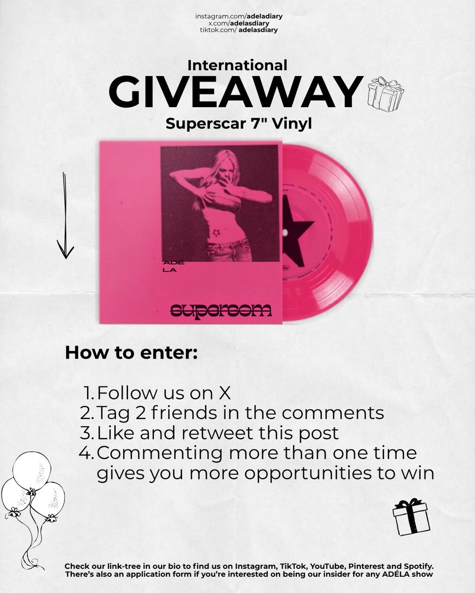 adelasdiary's tweet photo. To celebrate ADÉLA’s sold out tour, we’re giving away one Superscar 7” Vinyl to a lucky fan anywhere in the world! 

How to enter:

1. Follow us 
2. Tag 2 friends in the comments
4. Like and retweet this post

Commenting more than one time gives you more opportunities to win. ✨ https://t.co/2xybk6yhkA