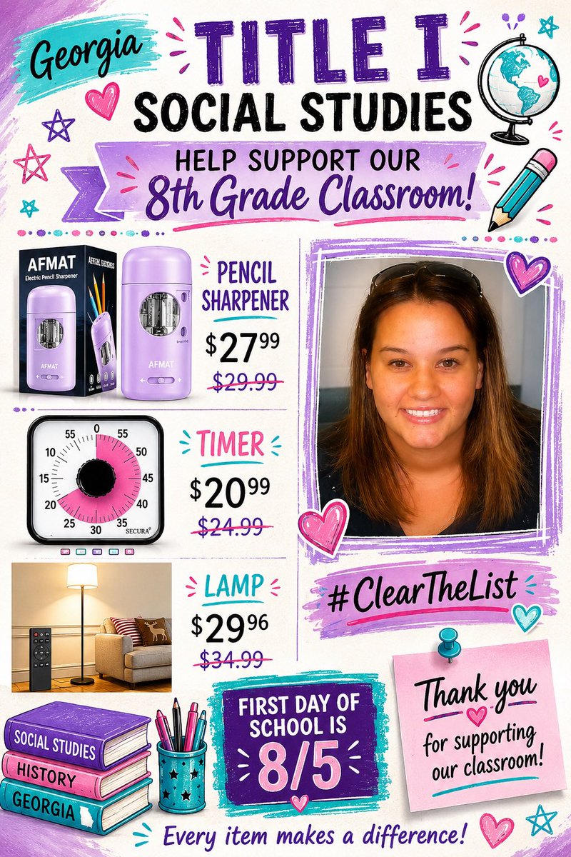 MrsD0827's tweet photo. Year 1️⃣5️⃣ is approaching.
Pre-planning 7/27.

Needs have shifted to bigger items since I’ve been in the game awhile.. 
✨ https://t.co/Nj97xVvpB4
👋I’m Meghan
🆘title1🏫8th grade 🌎SS🍑GA
#ClearTheList #Teachersof𝕏 #BetterTogether https://t.co/eh8KSwhGpG
